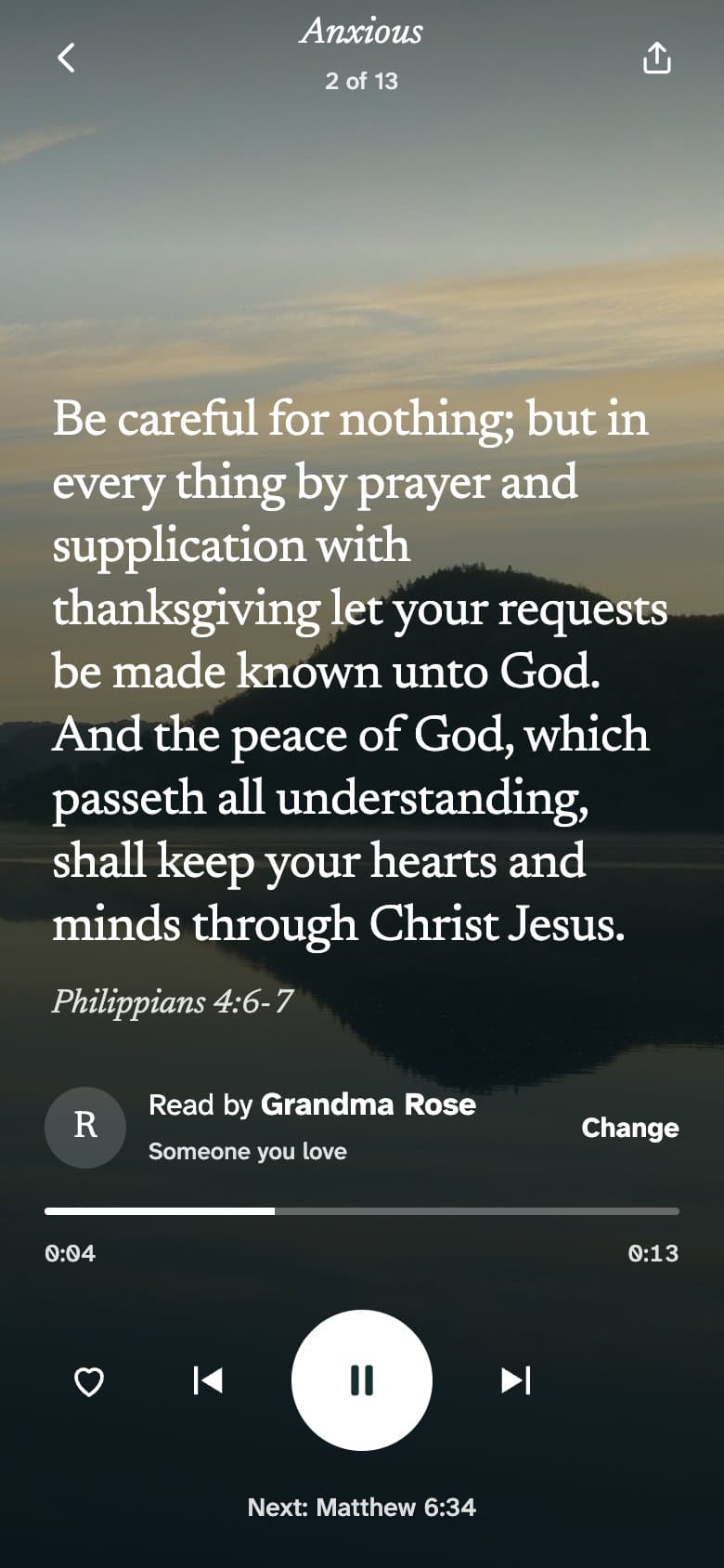 The promise player: Philippians 4:6-7 over a calm lake at dawn, read by Grandma Rose.
